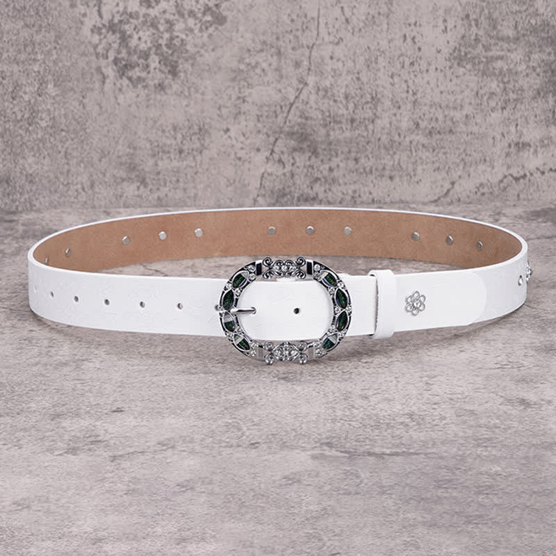 Women's Floral White & Dark Green Rhinestones Leather Belt - Image 12
