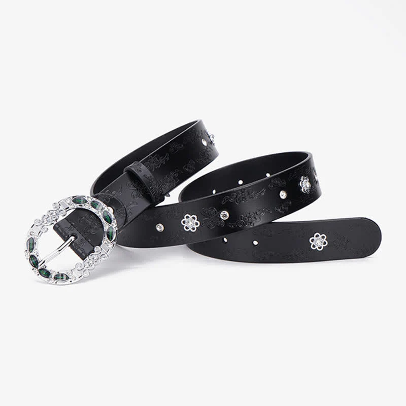 Women's Floral White & Dark Green Rhinestones Leather Belt - Image 2