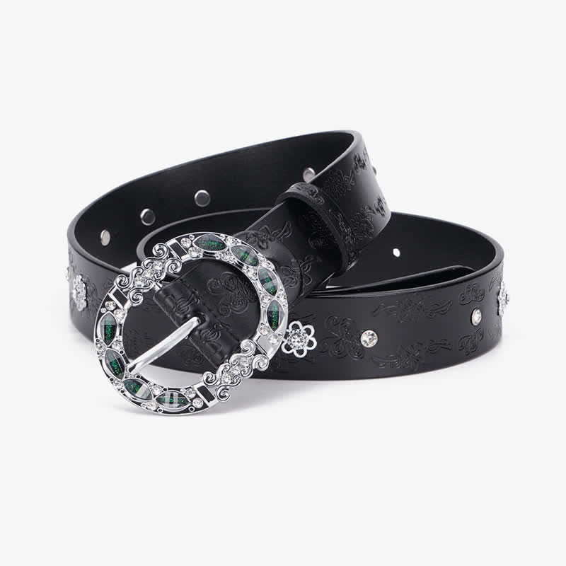 Women's Floral White & Dark Green Rhinestones Leather Belt - Image 6