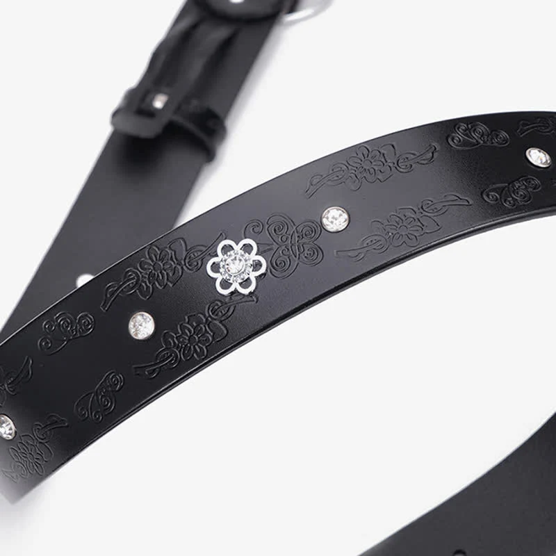 Women's Floral White & Dark Green Rhinestones Leather Belt - Image 8