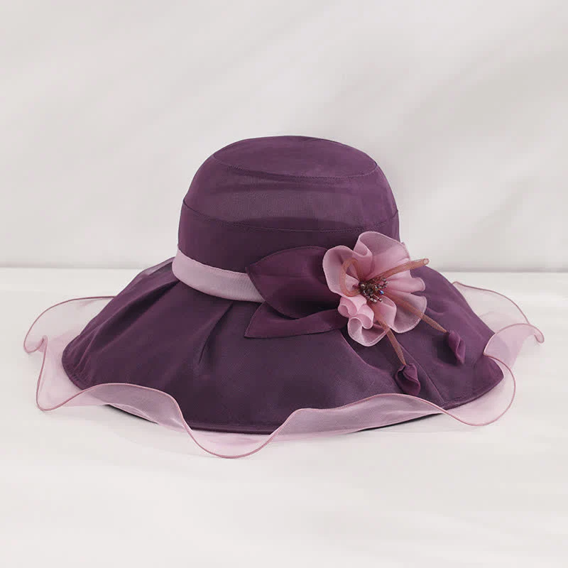 Women's Floral Wide Wave Brim Holiday Beach Foldable Silk Sun Hat - Image 10