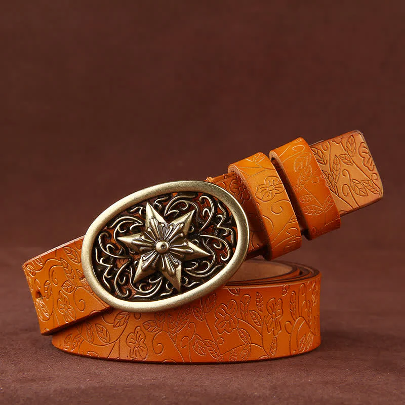 Women's Flower Embossing Five-Pointed Star Buckle Leather Belt - Image 13