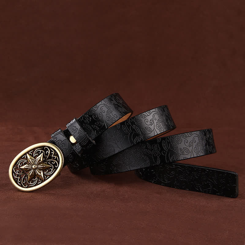 Women's Flower Embossing Five-Pointed Star Buckle Leather Belt - Image 5