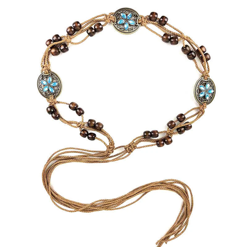 Women's Gemstone Wood Beads Boho Braided Waist Rope Belt - Image 8