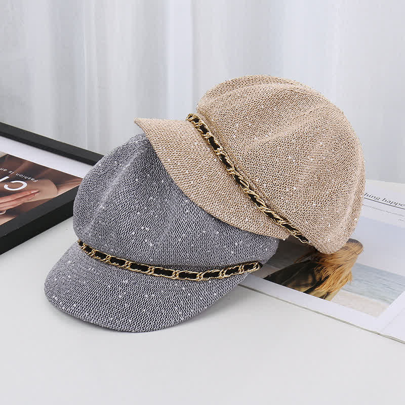 Women's Gold Chain Sequined Octagonal Straw Beret Hat - Image 2