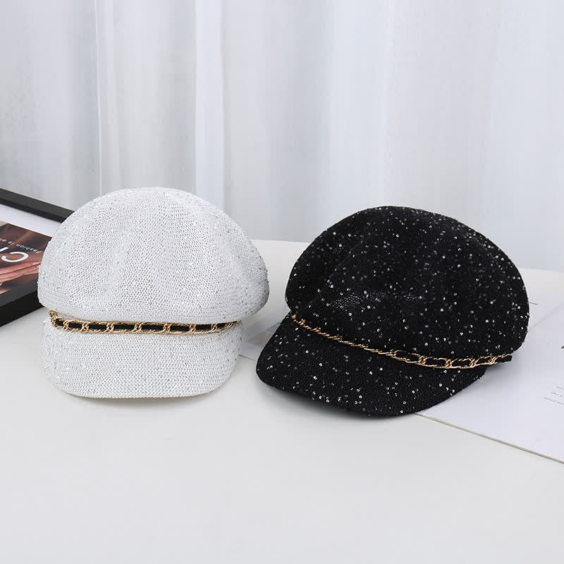 Women's Gold Chain Sequined Octagonal Straw Beret Hat - Image 4