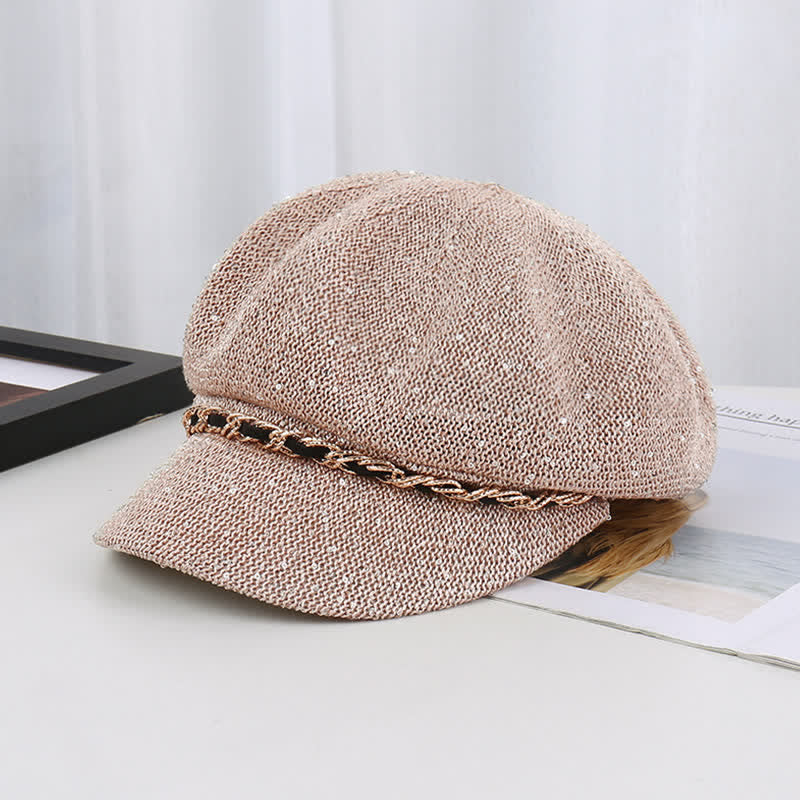 Women's Gold Chain Sequined Octagonal Straw Beret Hat - Image 5