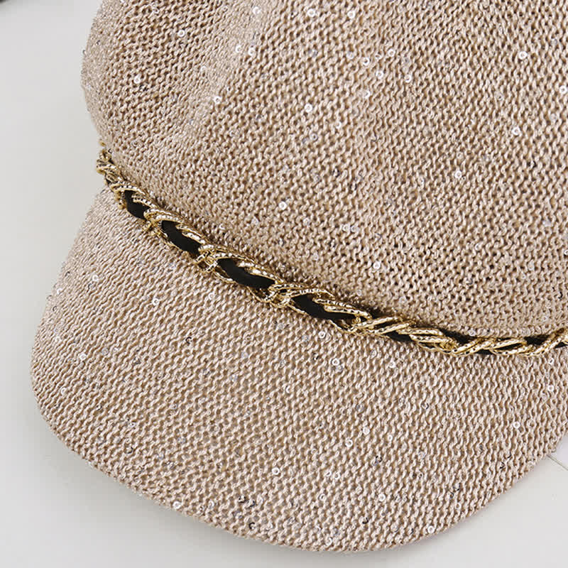 Women's Gold Chain Sequined Octagonal Straw Beret Hat - Image 7
