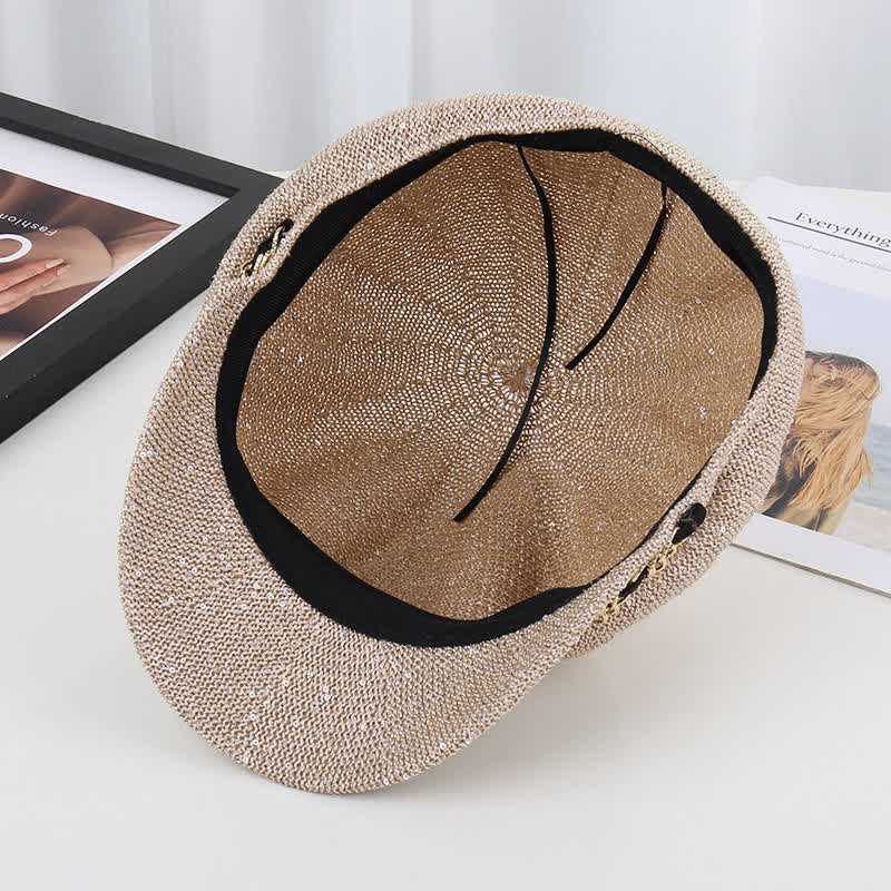 Women's Gold Chain Sequined Octagonal Straw Beret Hat - Image 8