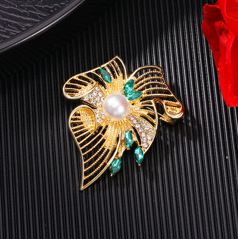 Women's Gold Hollow Leaf Pearl Rhinestone Brooch - Image 3
