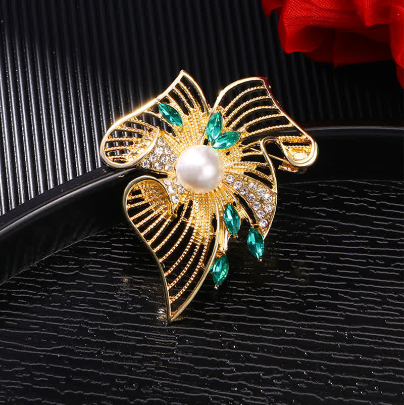 Women's Gold Hollow Leaf Pearl Rhinestone Brooch - Image 5