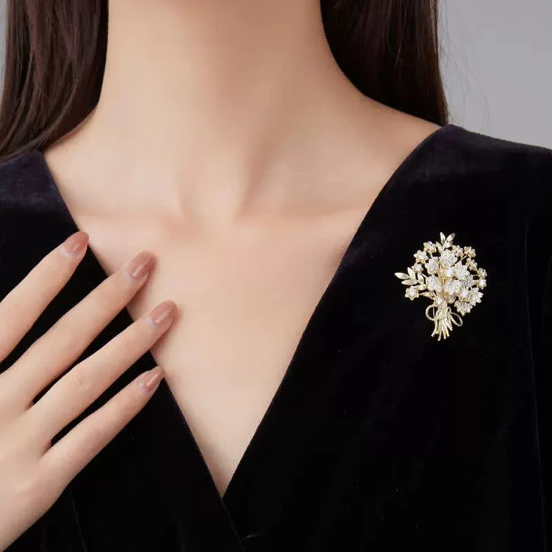 Women's Gold Rhinestones Bridal Flower Bouquet Brooch - Image 2