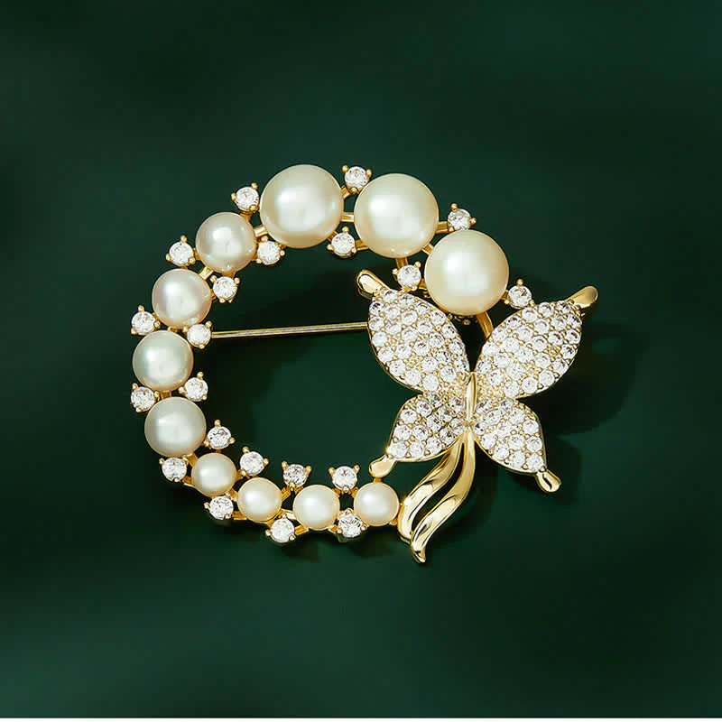 Women's Golden Butterfly Pearl Wreath Brooch - Image 3
