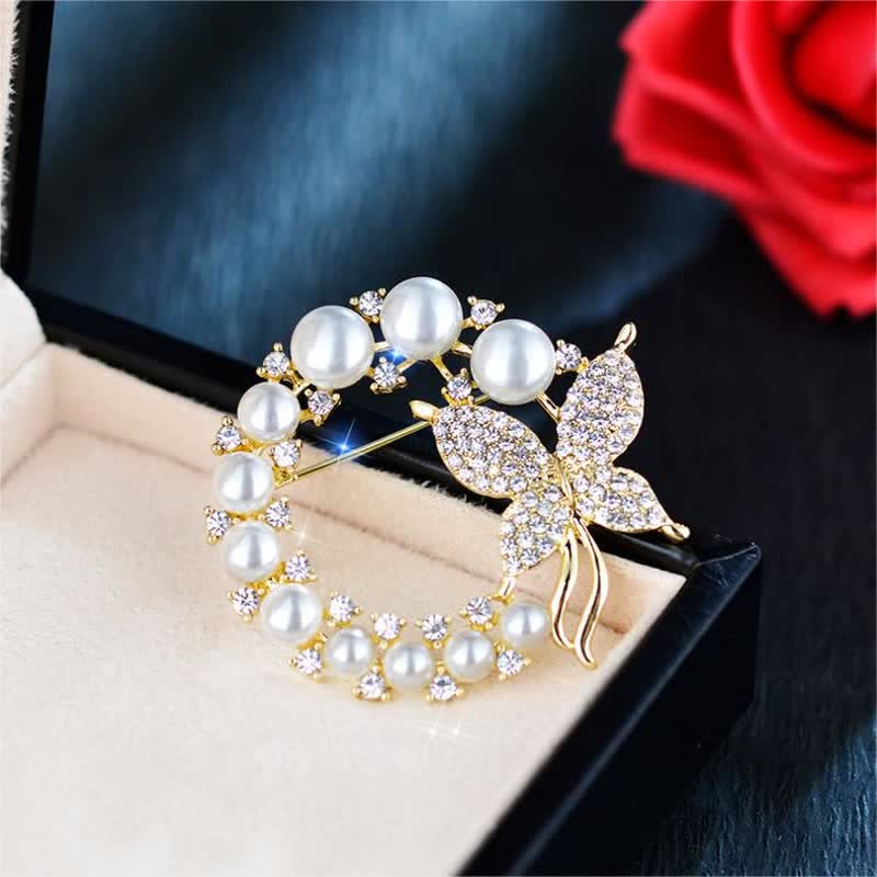 Women's Golden Butterfly Pearl Wreath Brooch - Image 6