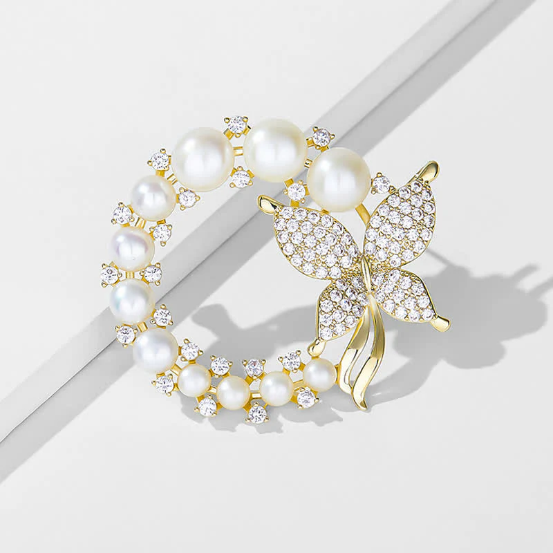 Women's Golden Butterfly Pearl Wreath Brooch - Image 7