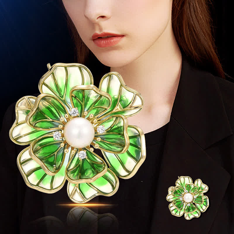 Women's Green Peony Gold Plated Enamel Brooch - Image 2