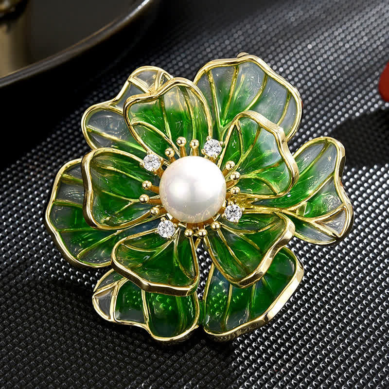 Women's Green Peony Gold Plated Enamel Brooch - Image 3