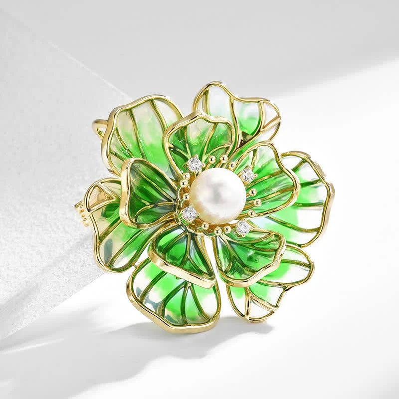 Women's Green Peony Gold Plated Enamel Brooch - Image 5