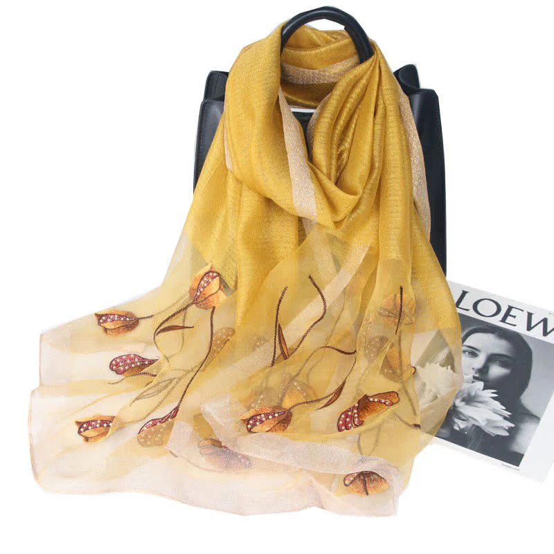 Women's Hand-Embroidered Beads Floral Wool Silk Scarf - Image 10