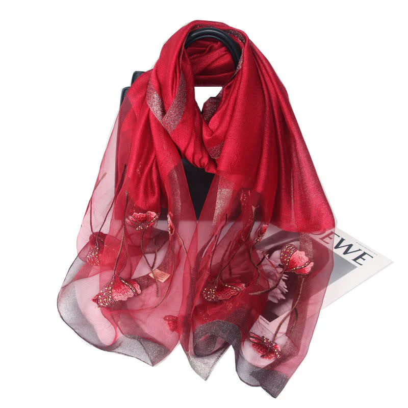 Women's Hand-Embroidered Beads Floral Wool Silk Scarf - Image 14
