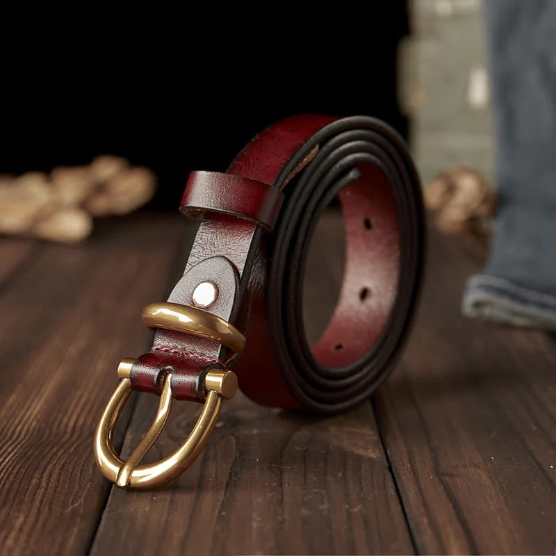 Women's Handmade Narrow Brass Buckle Genuine Leather Belt - Image 3