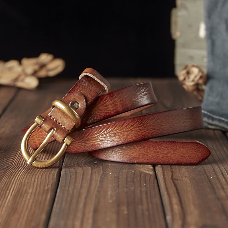 Women's Handmade Narrow Brass Buckle Genuine Leather Belt - Image 8