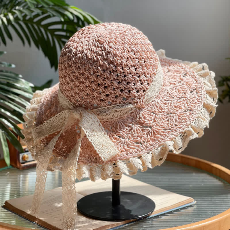 Women's Hollow Bow Lace Brim Summer Foldable Straw Hat - Image 5