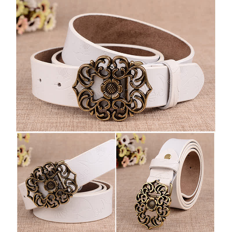 Women's Hollow Sunflower Retro Embossed Leather Belt - Image 11