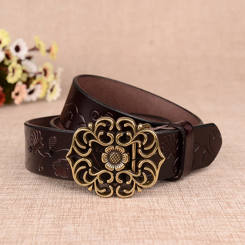 Women's Hollow Sunflower Retro Embossed Leather Belt - Image 12
