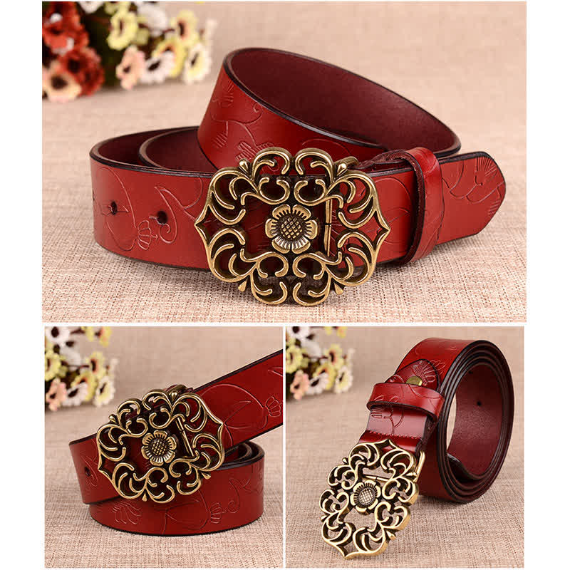 Women's Hollow Sunflower Retro Embossed Leather Belt - Image 15