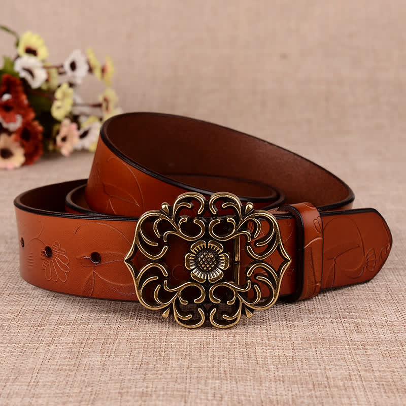 Women's Hollow Sunflower Retro Embossed Leather Belt - Image 3