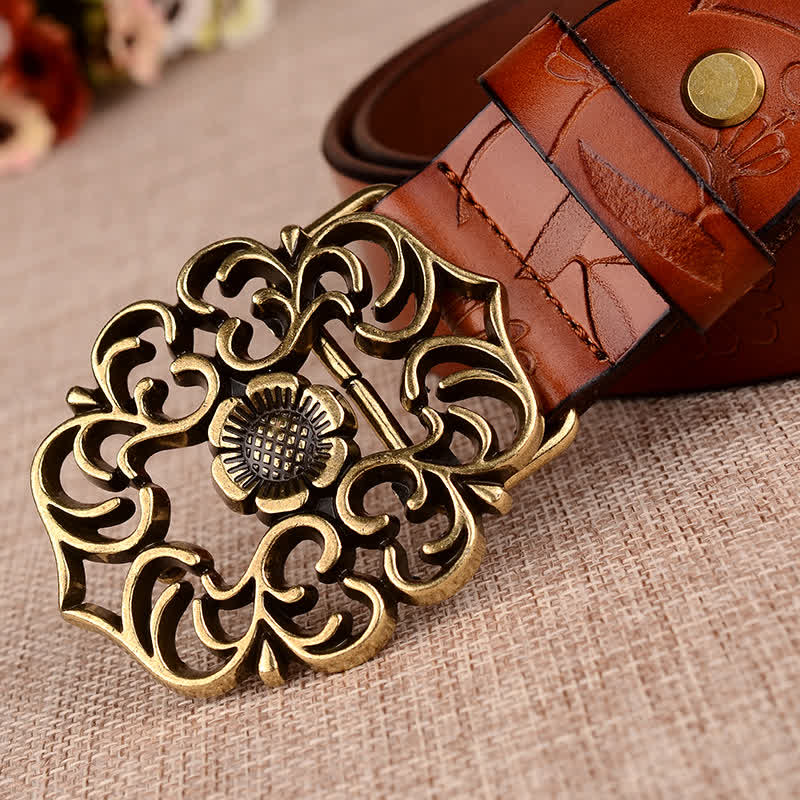 Women's Hollow Sunflower Retro Embossed Leather Belt - Image 5
