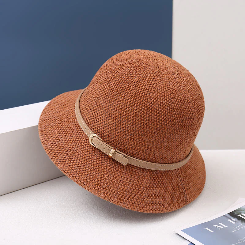 Women's Knitted Leather Strap Decor Bucket Hat - Image 6