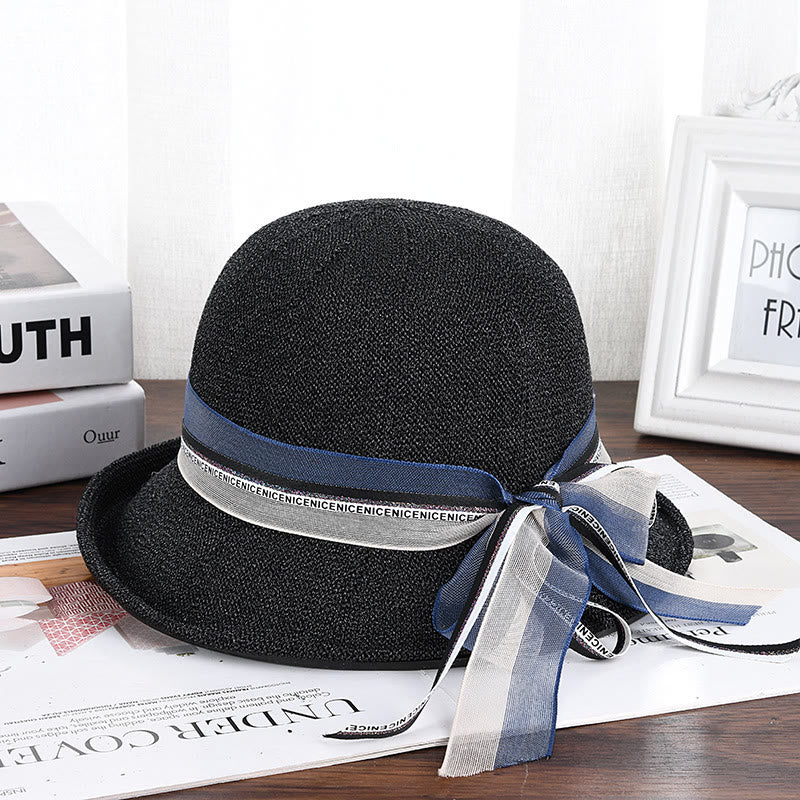 Women's Knitted Ribbon Bow Decor Bucket Hat - Image 2