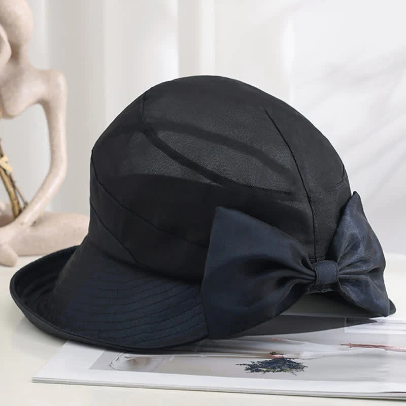 Women's Large Bow Knot Wide Brim Foldable Silk Sun Hat - Image 10