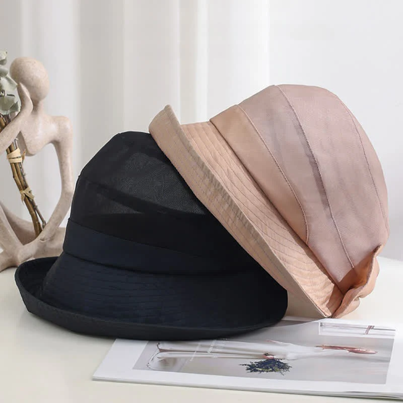 Women's Large Bow Knot Wide Brim Foldable Silk Sun Hat - Image 2