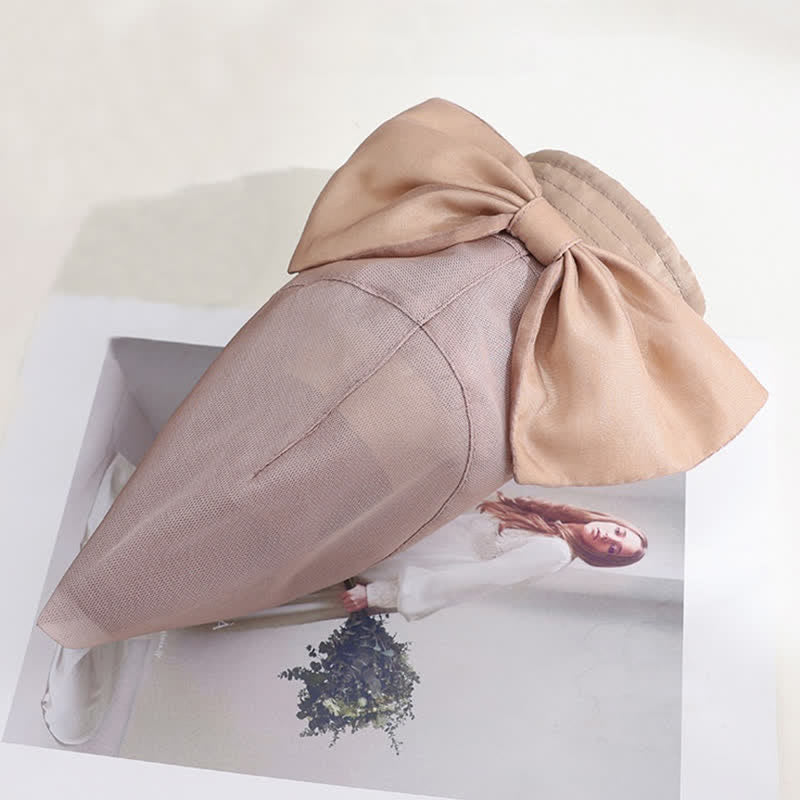 Women's Large Bow Knot Wide Brim Foldable Silk Sun Hat - Image 4