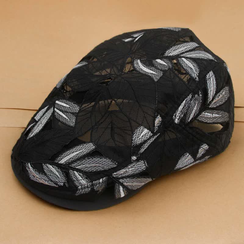 Women's Leaves Embroidery Hollow Out Mesh Beret Hat - Image 3
