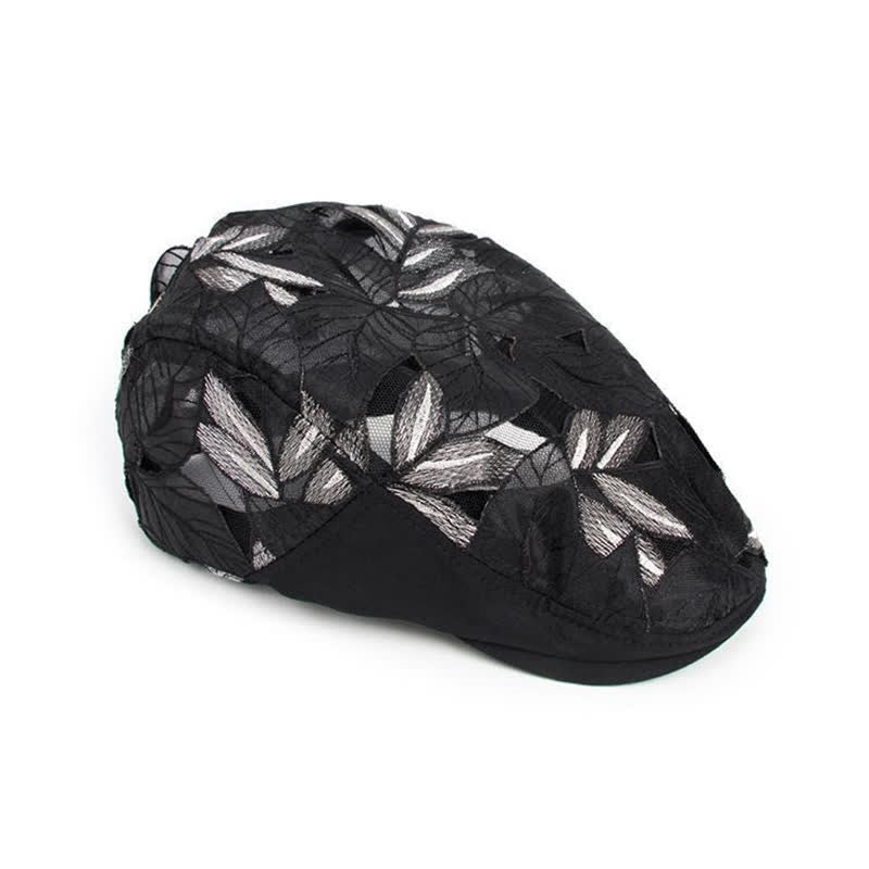 Women's Leaves Embroidery Hollow Out Mesh Beret Hat - Image 4