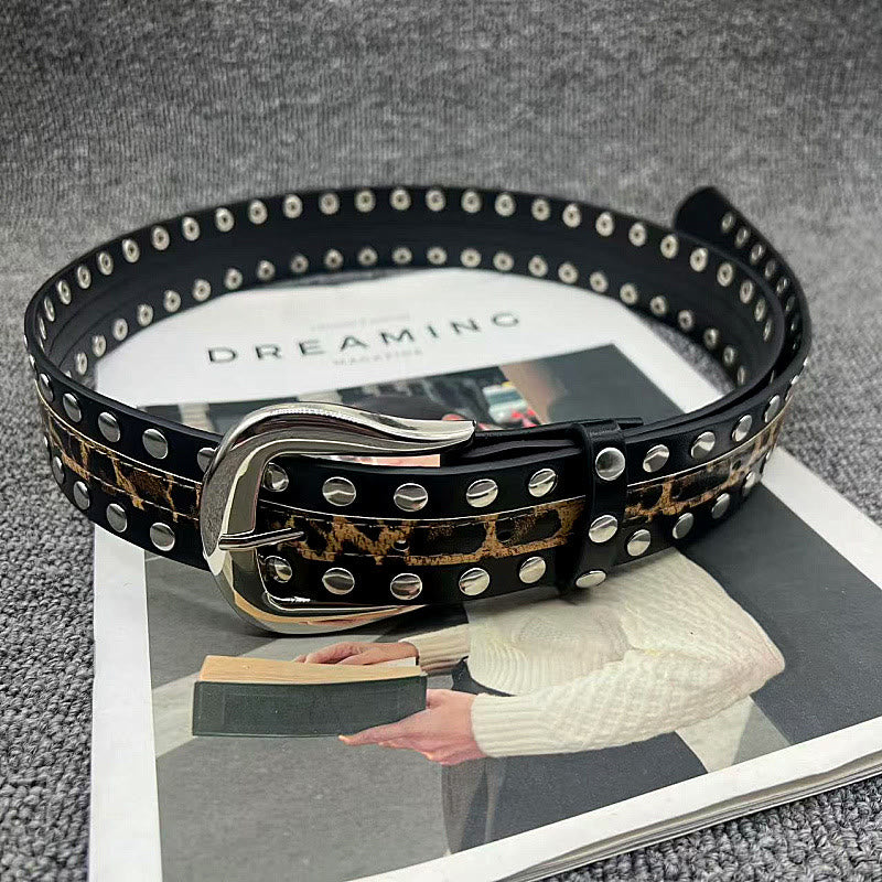 Women's Leopard Print Belt With Rivet Leather Belt - Image 6
