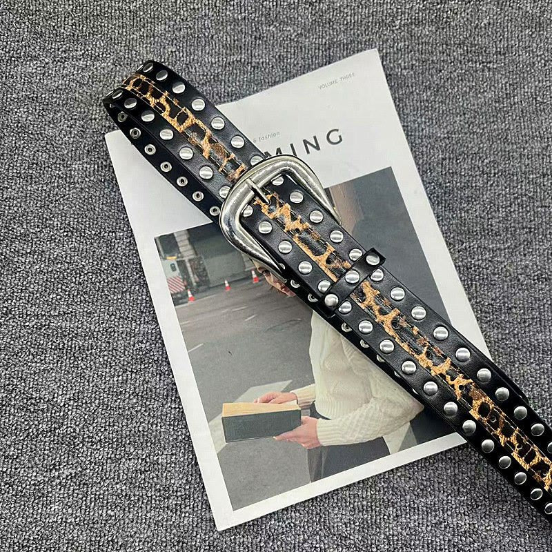 Women's Leopard Print Belt With Rivet Leather Belt - Image 9