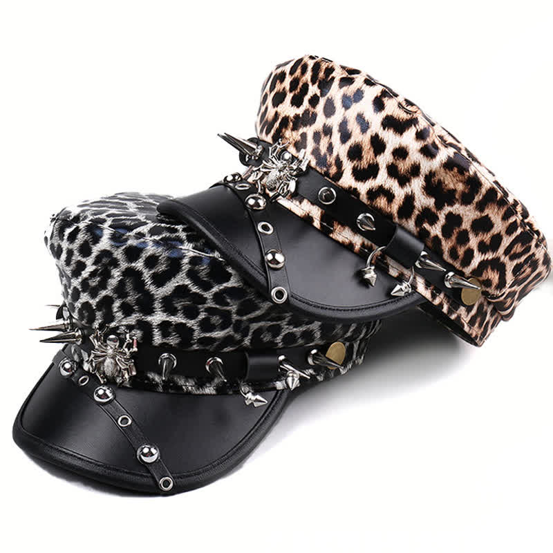 Women's Leopard Print Leather Beret Hat With Rivet Decors - Image 2