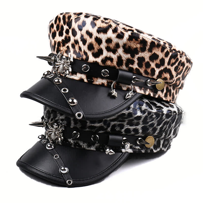 Women's Leopard Print Leather Beret Hat With Rivet Decors - Image 3