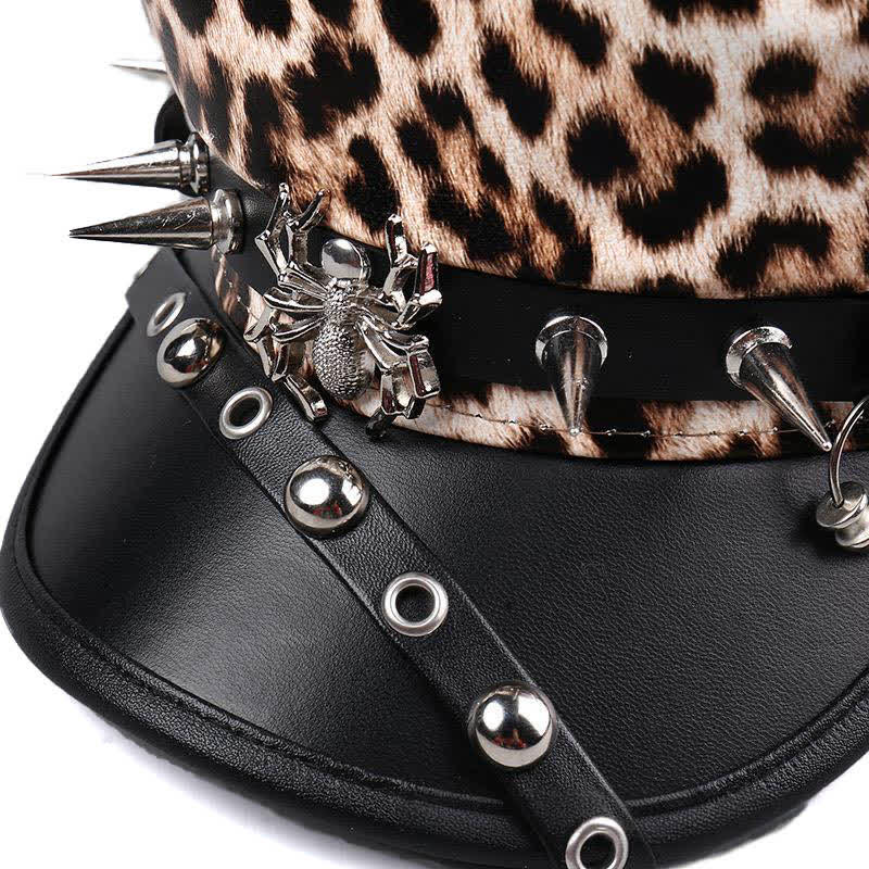 Women's Leopard Print Leather Beret Hat With Rivet Decors - Image 4