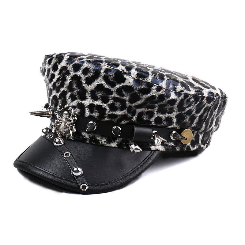 Women's Leopard Print Leather Beret Hat With Rivet Decors - Image 5