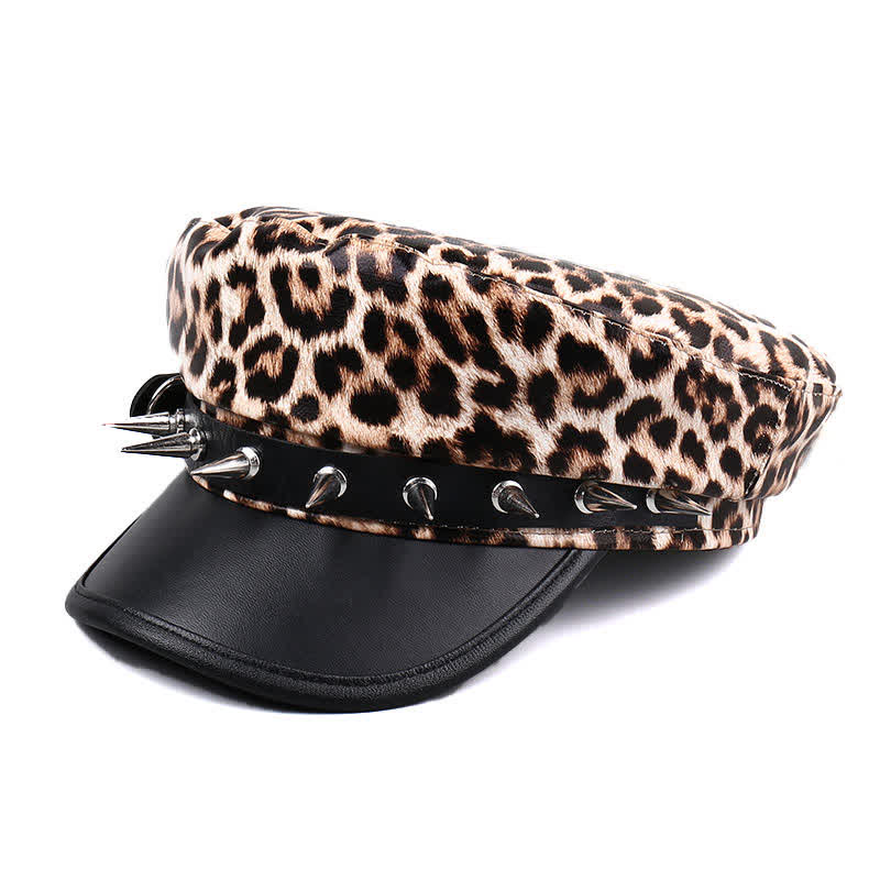Women's Leopard Print Leather Beret Hat With Rivet Decors - Image 6