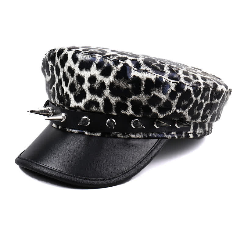 Women's Leopard Print Leather Beret Hat With Rivet Decors - Image 7