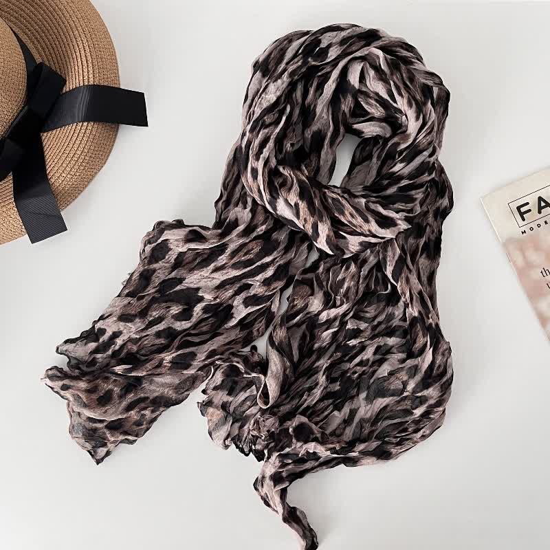 Women's Leopard Print Pleated Cotton Linen Thin Autumn Scarf - Image 10