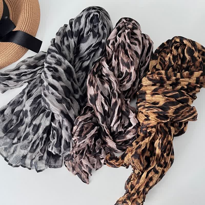 Women's Leopard Print Pleated Cotton Linen Thin Autumn Scarf - Image 2