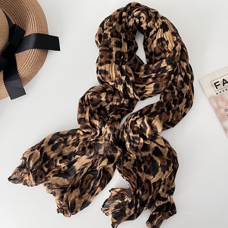 Women's Leopard Print Pleated Cotton Linen Thin Autumn Scarf - Image 3